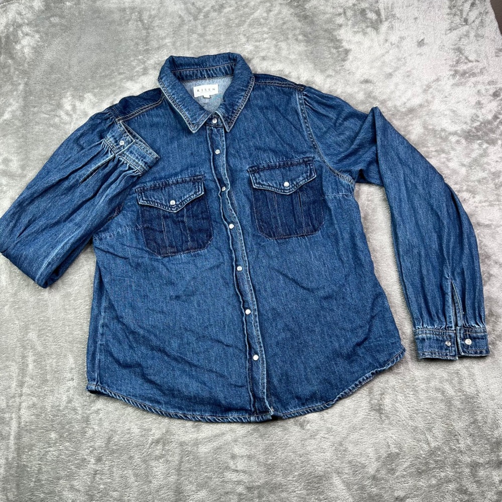 Risen Denim Pearl Snap Shirt Women Large Blue Two Tone Long Sleeve Puff Shoulder - Picture 3 of 10